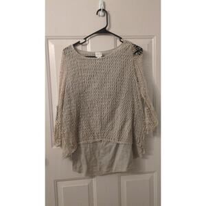 Chicos Long Sleeve High Low Tan Blouse Net Design, Size 0, SM Lightweight Boho